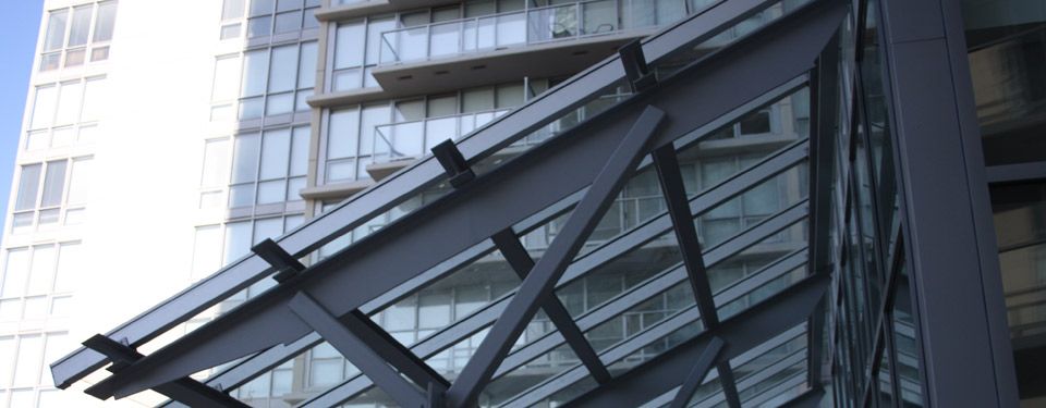 Glass and steel outdoor overhang